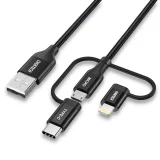 MFI Lightning–USB Type-C–micro USB 3 az 1-ben kábel, 1,2 m, fekete