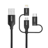 MFI Lightning–USB Type-C–micro USB 3 az 1-ben kábel, 1,2 m, fekete 2