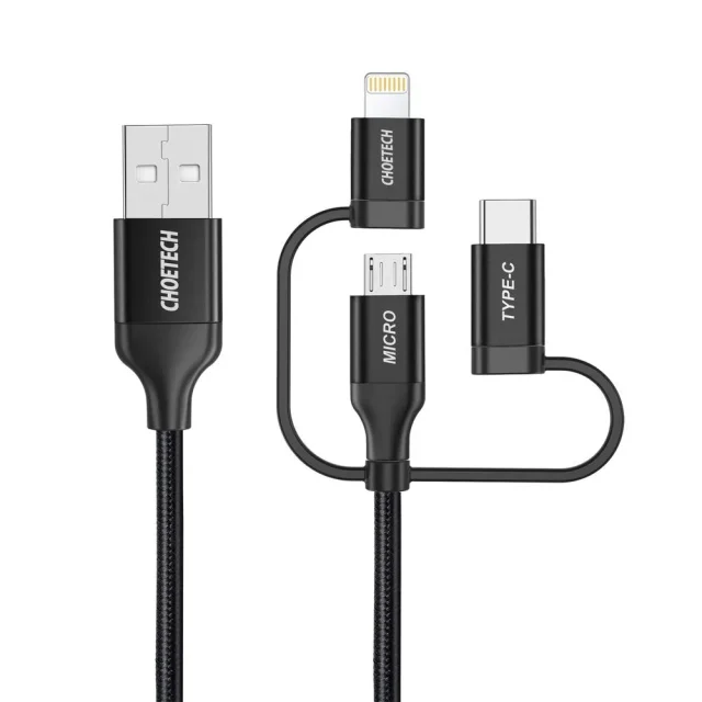 MFI Lightning–USB Type-C–micro USB 3 az 1-ben kábel, 1,2 m, fekete