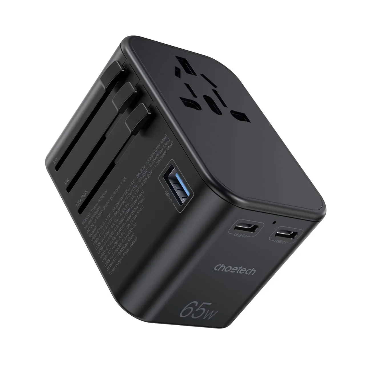 Gyors utazási töltő EU, UK, USA és AUS csatlakozókkal, 3xUSB, 30-65 W, fekete