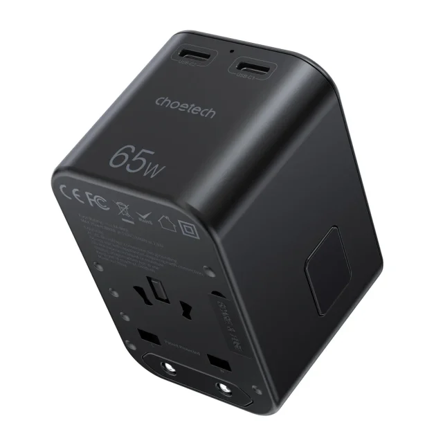 Gyors utazási töltő EU, UK, USA és AUS csatlakozókkal, 3xUSB, 30-65 W, fekete