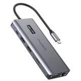 Kijelzős multifunkciós HUB adapter: USB-C, USB-A, VGA, AUX, SD, TF, 12-in-1, szürke