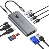 Kijelzős multifunkciós HUB adapter: USB-C, USB-A, VGA, AUX, SD, TF, 12-in-1, szürke 2