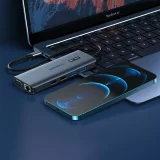 Kijelzős multifunkciós HUB adapter: USB-C, USB-A, VGA, AUX, SD, TF, 12-in-1, szürke 4