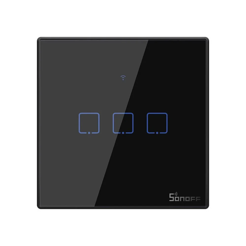 Háromcsatornás érintőképernyős világításkapcsoló, WiFi gomb, 433 MHz RF, fekete T3EU3C-TX