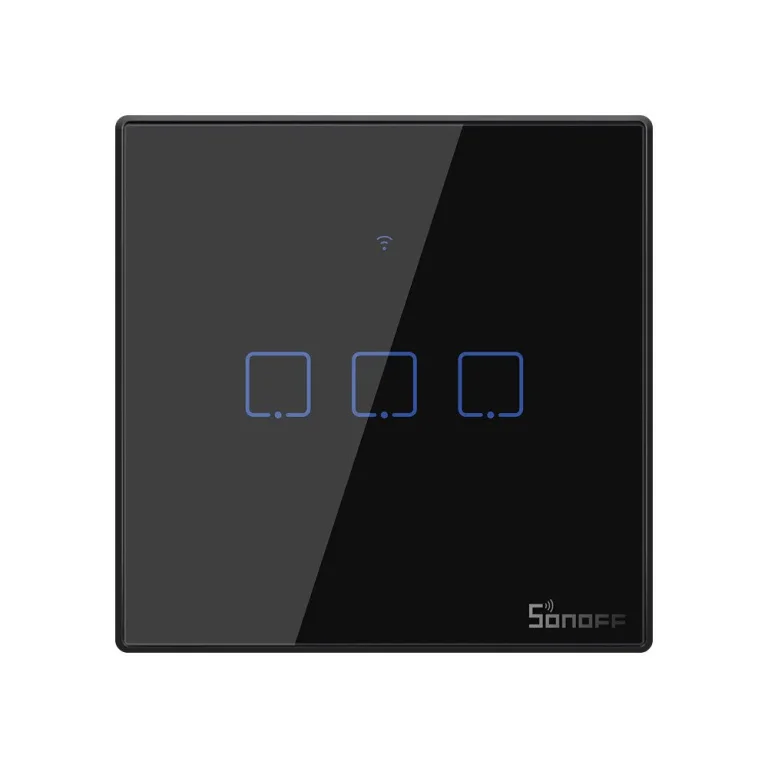 Háromcsatornás érintőképernyős világításkapcsoló, WiFi gomb, 433 MHz RF, fekete T3EU3C-TX