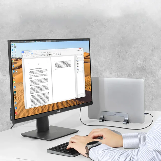 Alumínium laptop- és tablet-tartó, függőleges, ezüst