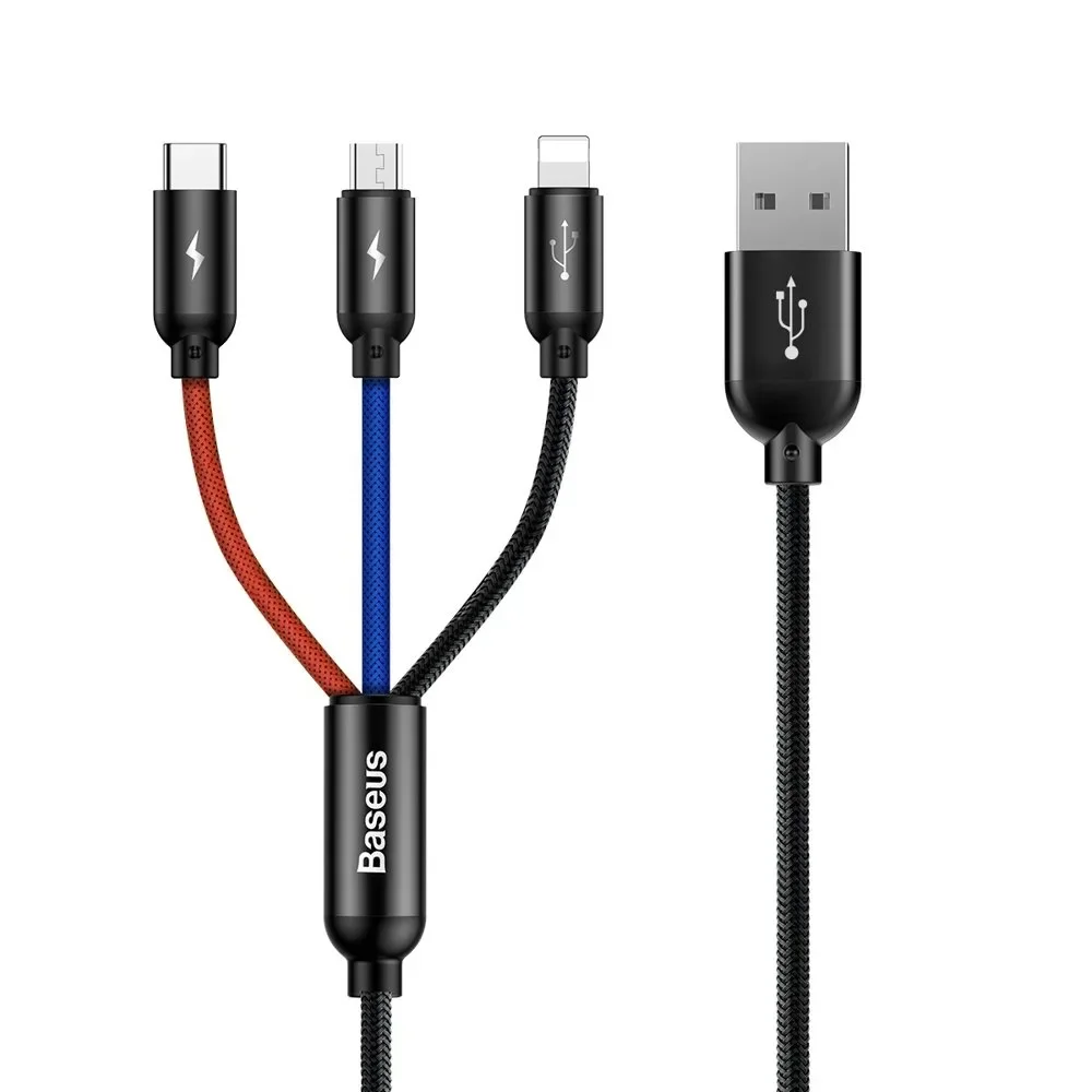 Tartós 3 az 1-ben USB MicroUSB iPhone Lightning USB-C kábel, 3,5 A, 1,2 m, fekete