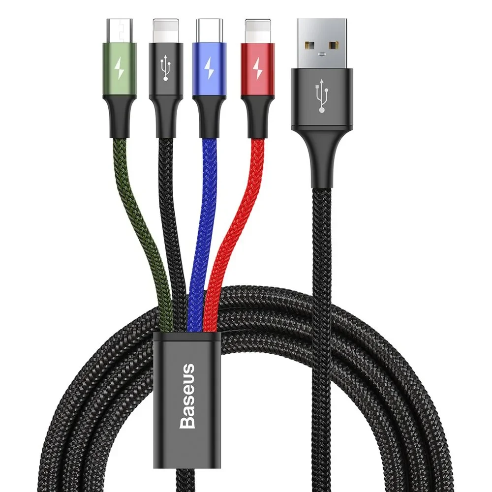 Kabel przewód USB 4w1 2 x Iphone Lightning USB-C microUSB w nylonowym oplocie 3.5A 1.2m czarny Kabel przewód USB 4w1 2 x Iphone Lightning USB-C microUSB w nylonowym oplocie 3.5A 1.2m czarny