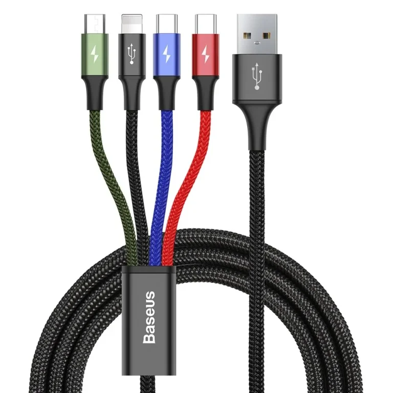 4 az 1-ben USB-kábel iPhone Lightning – 2 x USB-C és microUSB, nylon fonott, 3,5 A, 1,2 m, fekete