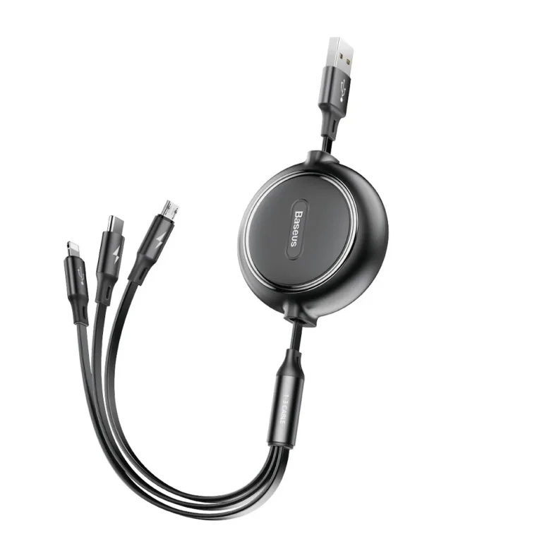 Visszahúzható 3 az 1-ben USB MicroUSB iPhone Lightning USB-C kábel 3,5 A 35 cm 120 cm fekete