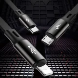 Einziehbares 3-in-1-USB-Micro-USB-iPhone-Lightning-USB-C-Kabel 3,5 A, 35 cm, 120 cm, schwarz 10