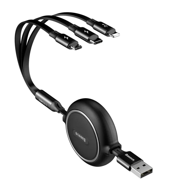 Visszahúzható 3 az 1-ben USB MicroUSB iPhone Lightning USB-C kábel 3,5 A 35 cm 120 cm fekete