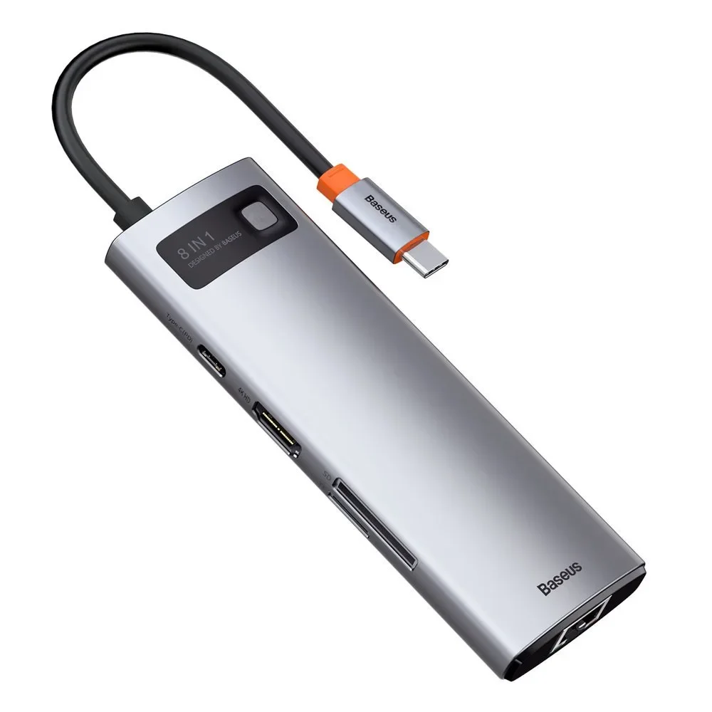 8-u-1 višenamjenski hub: USB, USB-C PD 100W, HDMI, čitač kartica SD i microSD, 3x USB 3.2, RJ45, sivi