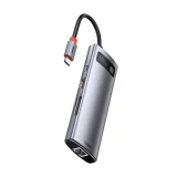 8-u-1 višenamjenski hub: USB, USB-C PD 100W, HDMI, čitač kartica SD i microSD, 3x USB 3.2, RJ45, sivi 8