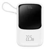 Qpow 10000 mAh-s powerbank beépített USB Type-C kábellel, 22,5 W-os gyorstöltés, fehér