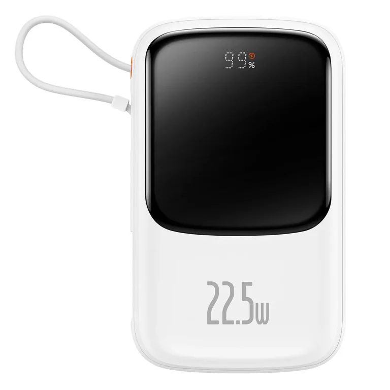 Qpow 10000 mAh-s powerbank beépített USB Type-C kábellel, 22,5 W-os gyorstöltés, fehér