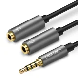 3,5 mm-es mini jack AUX + sztereó mikrofonos fejhallgató-elosztó, 20 cm, ezüst