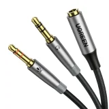 3,5 mm-es AUX kábelelosztó (női csatlakozó – férfi fejhallgató- és mikrofoncsatlakozó), 20 cm, fekete