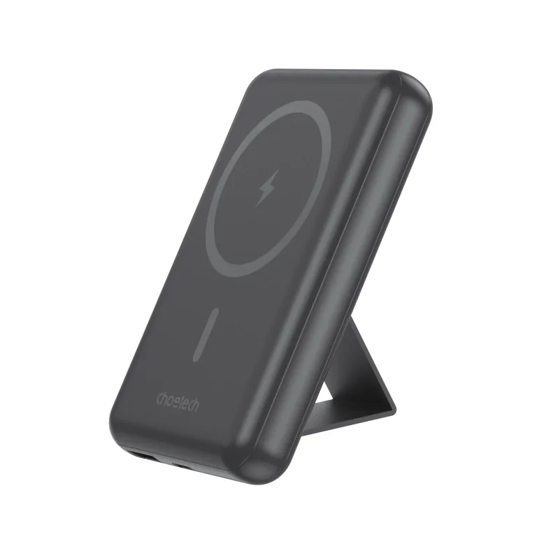 10000 mAh-s vezeték nélküli MagSafe power bank USB-A és USB-C portokkal, állványfunkcióval, fekete