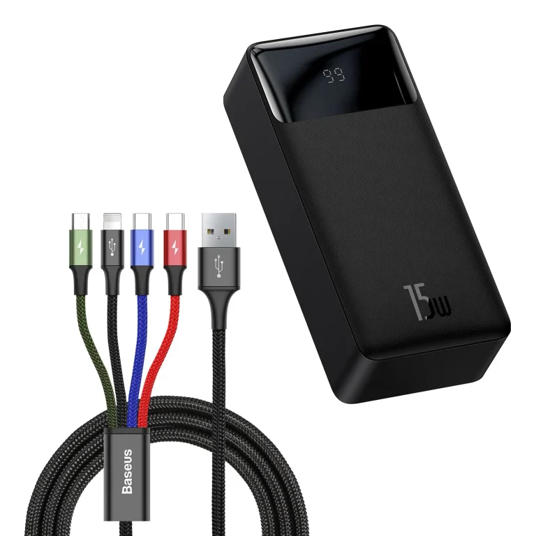 30000 mAh-s, 15 W-os Bipow powerbank + 4 az 1-ben USB-kábel (microUSB / Lightning / 2x USB-C, 1,2 m, fekete)