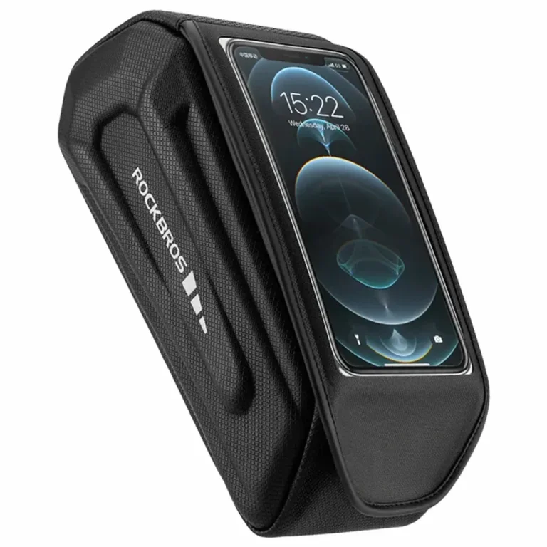 Vízálló fekete kerékpárváz-táska telefonhüvellyel