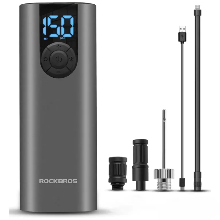 Elektromos kerékpár-, motorkerékpár-, autó- és labdapumpa, 10 bar, LED-kijelzővel + USB-C kábellel, fekete