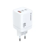 GaN 65 W 100–240 V-os fali töltő 2x USB-C és 1x USB-A csatlakozóval, fehér 2