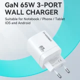 GaN 65 W 100–240 V-os fali töltő 2x USB-C és 1x USB-A csatlakozóval, fehér 5