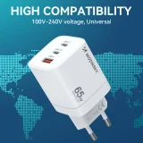 GaN 65 W 100–240 V-os fali töltő 2x USB-C és 1x USB-A csatlakozóval, fehér 7