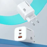 GaN 65 W 100–240 V-os fali töltő 2x USB-C és 1x USB-A csatlakozóval, fehér 8