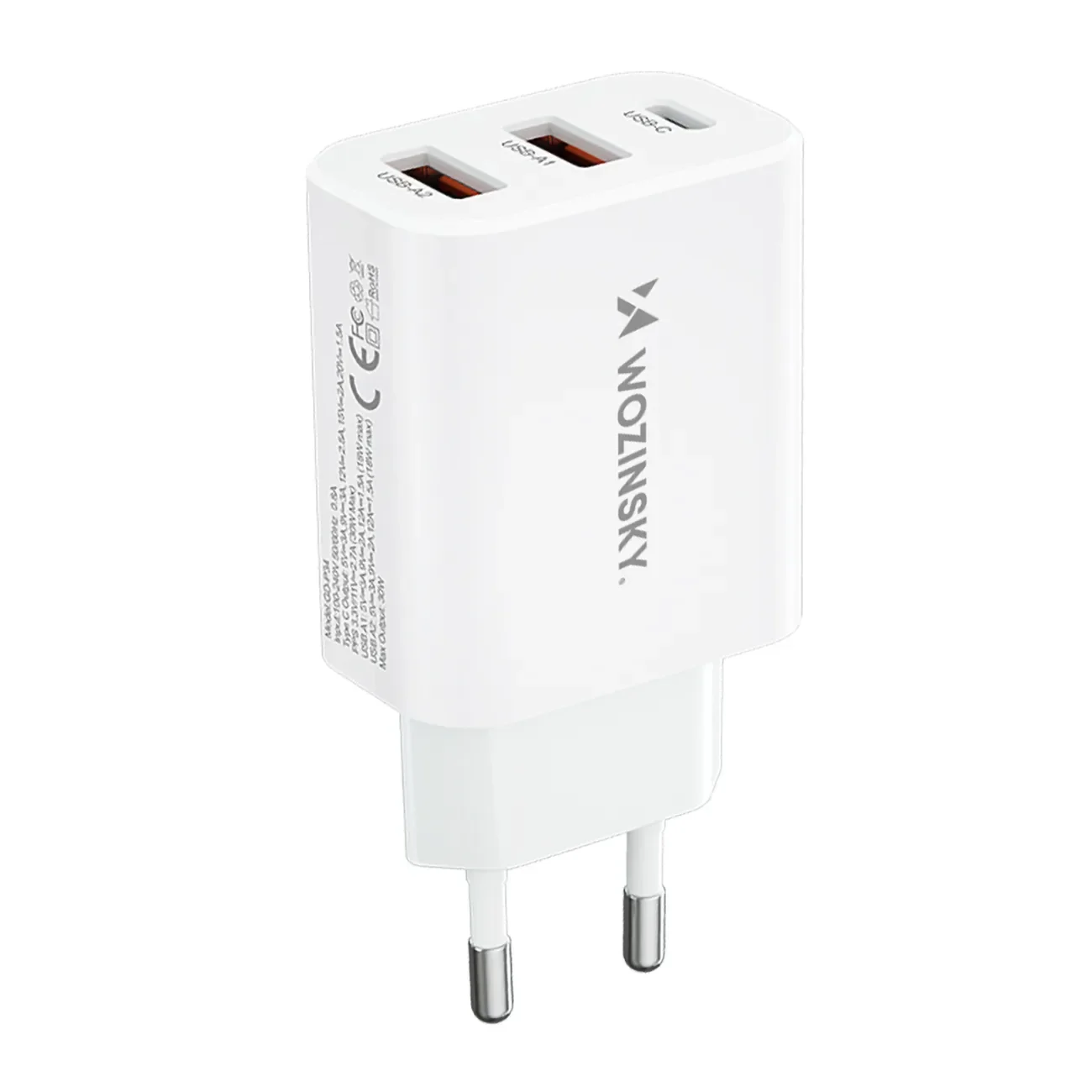 100–240 V, 30 W, USB-C, 2x USB-A fali töltő, fehér