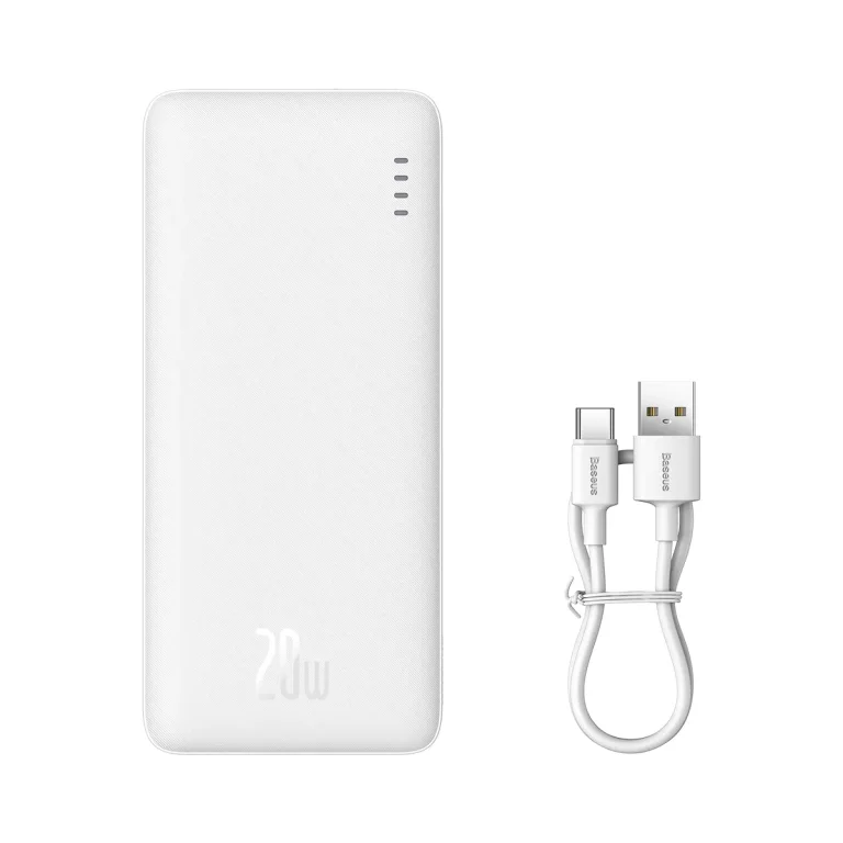 Airpow 20 W 10 000 mAh-s power bank 30 cm-es USB-A–USB-C kábellel – fehér