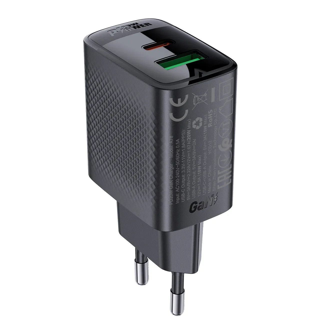 A78 GaN USB-A USB-C PD 20 W-os fali töltő – fekete A78 GaN USB-A USB-C PD 20 W-os fali töltő – fekete