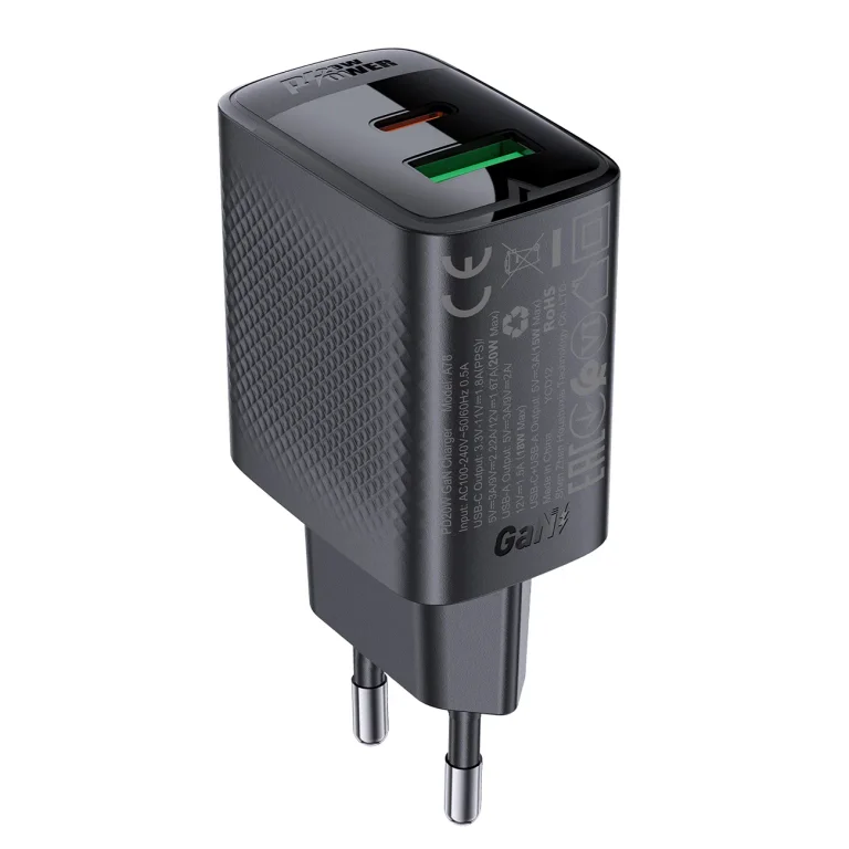 A78 GaN USB-A USB-C PD 20 W-os fali töltő – fekete