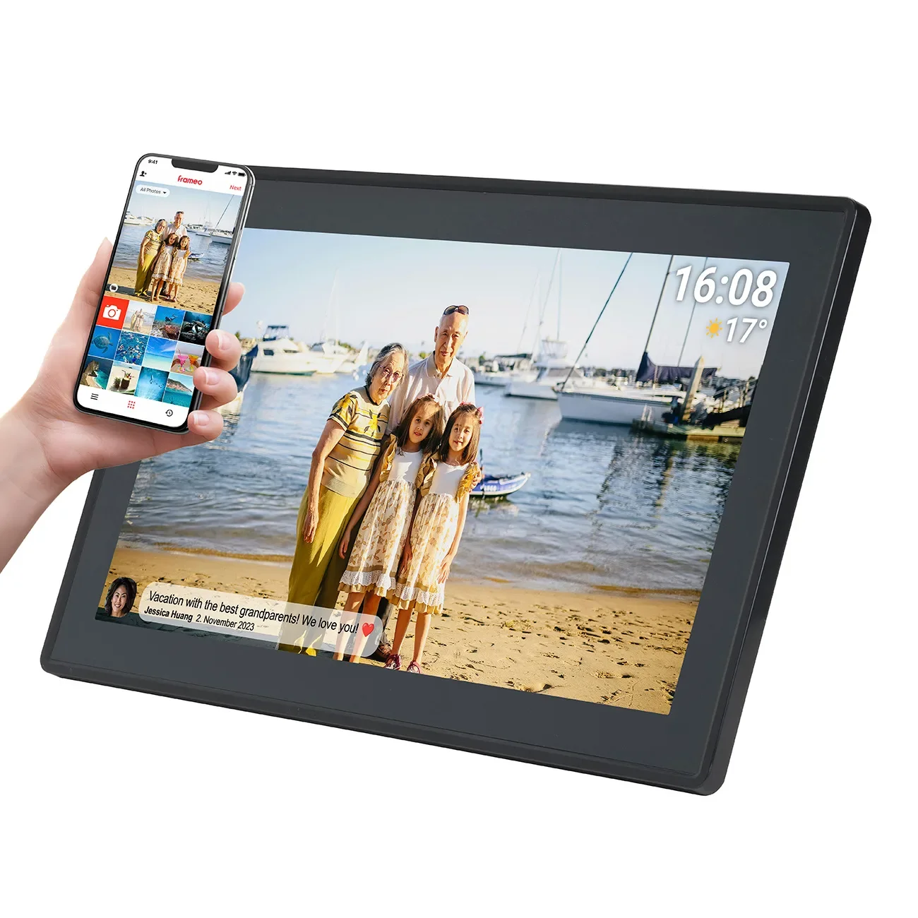 15,6 hüvelykes digitális képkeret, 16 GB-os microSD, WiFi, hangszóró, MPEG4, Frameo PFF-1515B – fekete