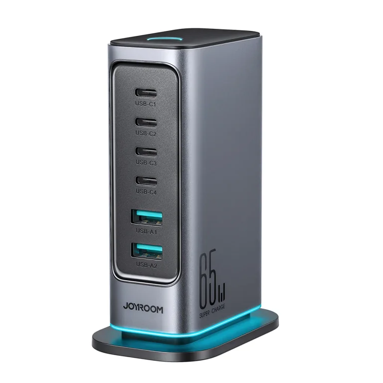 GaN 65 W-os EU többportos töltőállomás 4 db USB-C és 2 db USB-A porttal – sötét szürke
