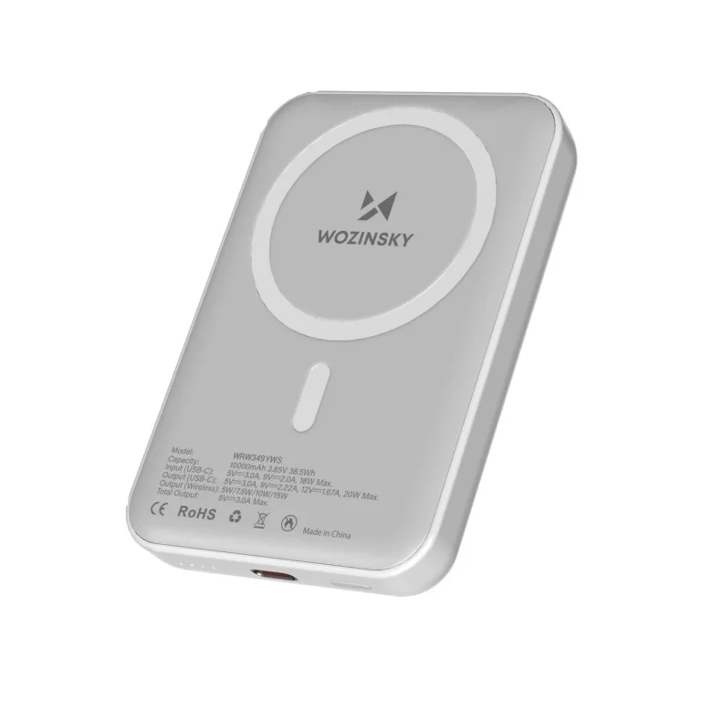 10 000 mAh-s mágneses power bank 25 cm-es USB-C kábellel – fehér