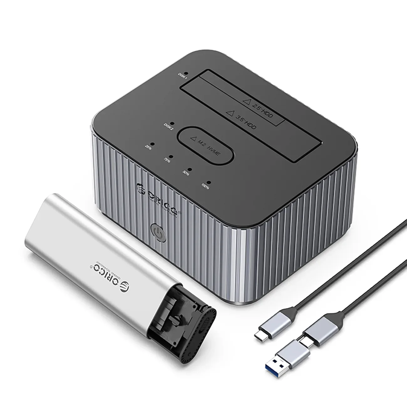 IT28E-C dokkolóállomás klónozási funkcióval, 2 db M.2 NVMe 2,5'' / 3,5'' HDD / 2,5'' SSD meghajtóhoz – szürke