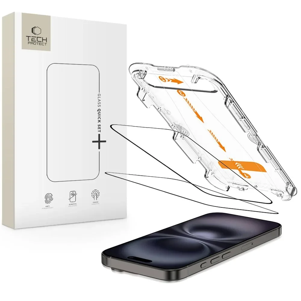Kaljeno staklo za iPhone 15 / 16 s okvirom za postavljanje Quick Set+ - 2 kom. Kaljeno staklo za iPhone 15 / 16 s okvirom za postavljanje Quick Set+ - 2 kom.