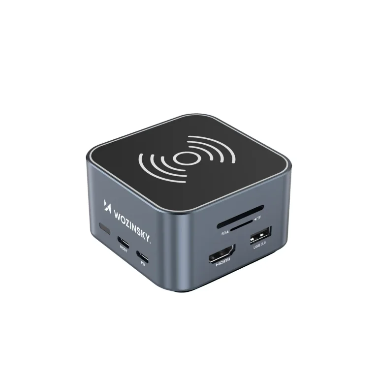 12-in-1 hub vezeték nélküli töltővel: USB-A, USB-C, HDMI, RJ45, SD, TF, mini jack – szürke