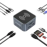 12-u-1 središnja stanica s bežičnim punjačem: USB-A, USB-C, HDMI, RJ45, SD, TF, Mini Jack - siva 4