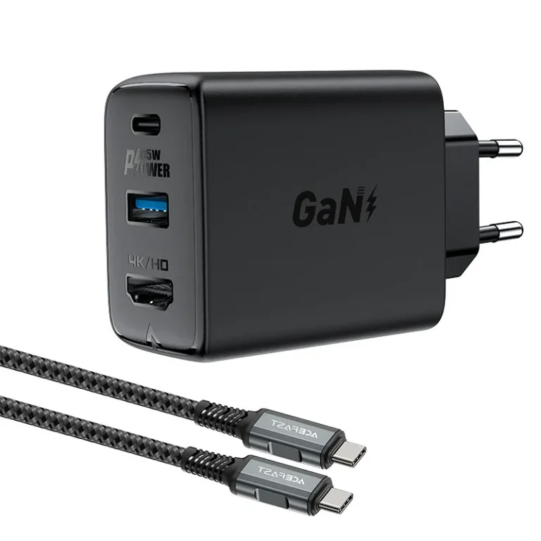 2 az 1-ben fali töltő USB-C kábellel + USB-C–HDMI 4K adapterrel, fekete