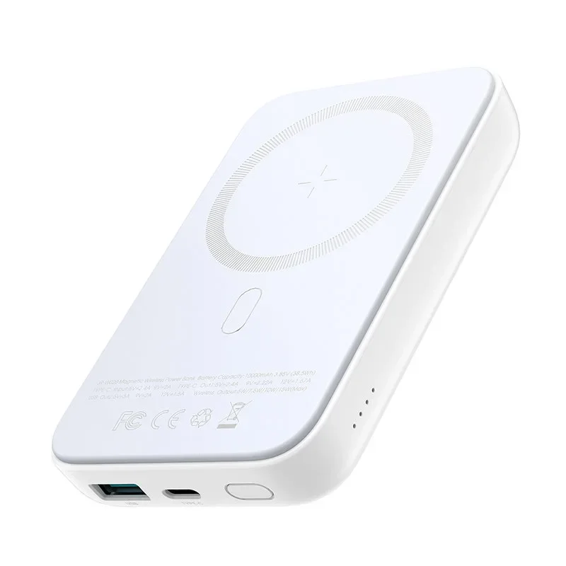 10 000 mAh-s mágneses mini powerbank QC, PD, USB és USB-C csatlakozókkal, fehér