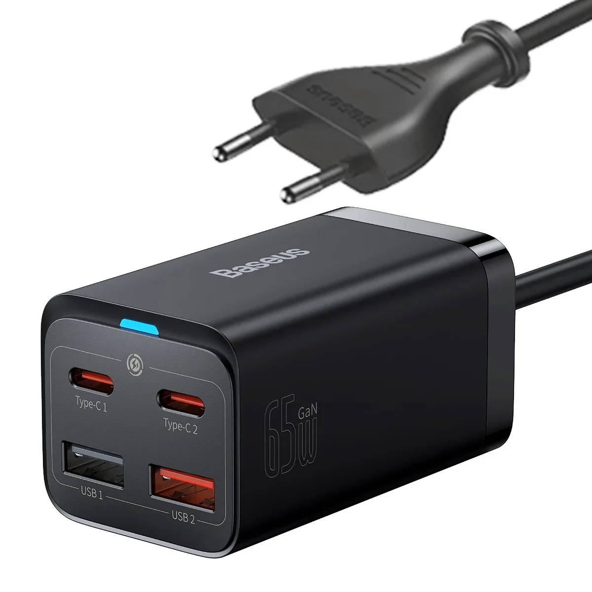 GaN3 Pro gyors fali töltő 2x USB-C / 2x USB 65 W PD QC + 1 m-es USB-C kábel, fekete