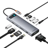 11-in-1 USB-C–USB-C PD hub adapter 4x USB, HDMI, VGA, AUX, RJ45, SD és TF portokkal, szürke
