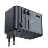 Univerzális GaN utazótöltő, 2x USB-A, 3x USB-C, brit, EU, USA és ausztrál csatlakozókkal, fekete