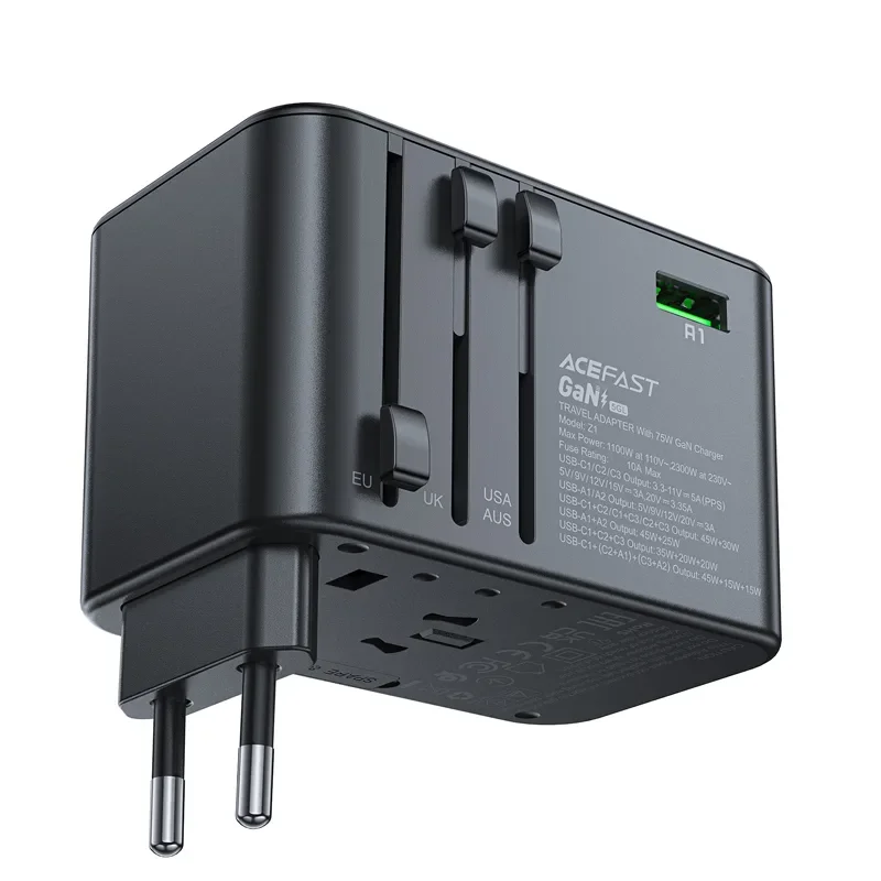 Univerzális GaN utazótöltő, 2x USB-A, 3x USB-C, brit, EU, USA és ausztrál csatlakozókkal, fekete