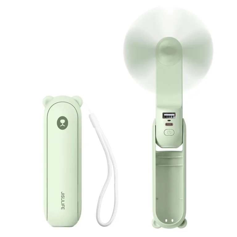 Mini hordozható ventilátor powerbank és zseblámpa funkcióval, összecsukható, 4500 mAh, USB-C – zöld