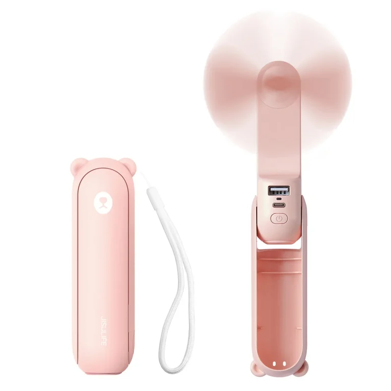 Mini hordozható ventilátor powerbank és zseblámpa funkcióval, 2000 mAh – rózsaszín